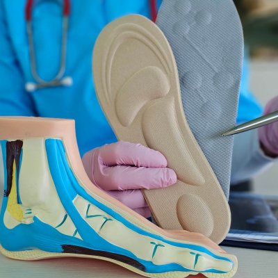 Medical professional demonstrating foot anatomy model alongside orthotic insole during patient consultation