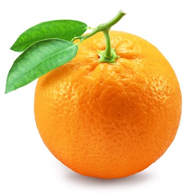 Orange fruit with two green leaves isolated on white background. File contains clipping path.
